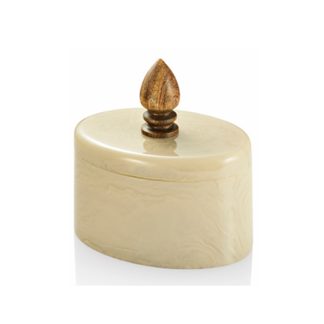 Caixa Oval em Resina Marmorizada com Tampa Pinha em Madeira – 17 cm