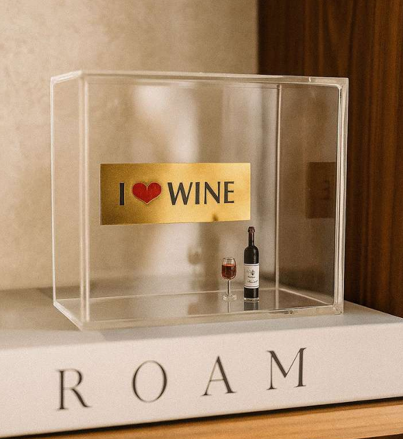 Caixa Acrílica “I ❤️ WINE” com Mini Garrafa e Taça – 14 cm
