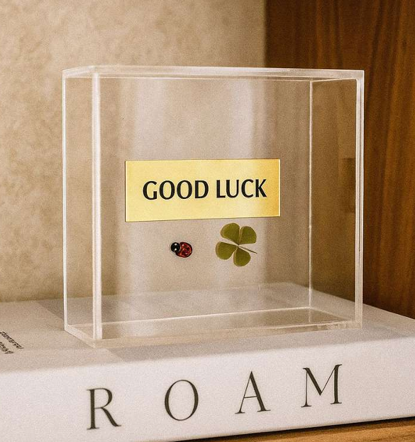 Caixa Acrílica “GOOD LUCK” com Trevo e Joaninha – 14 cm