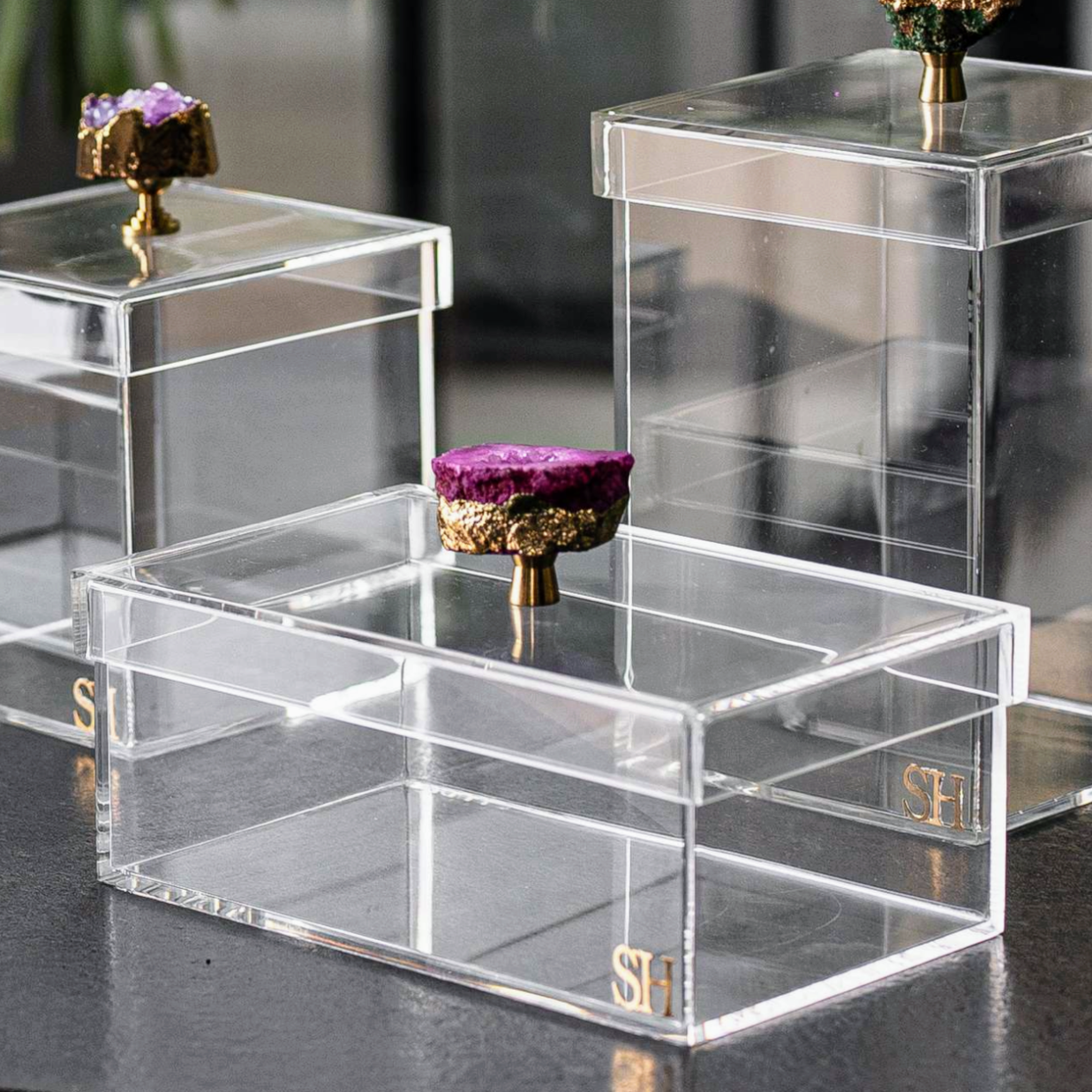 Caixa Acrílica com Alça em Pedra Natural – Variações de Tamanho