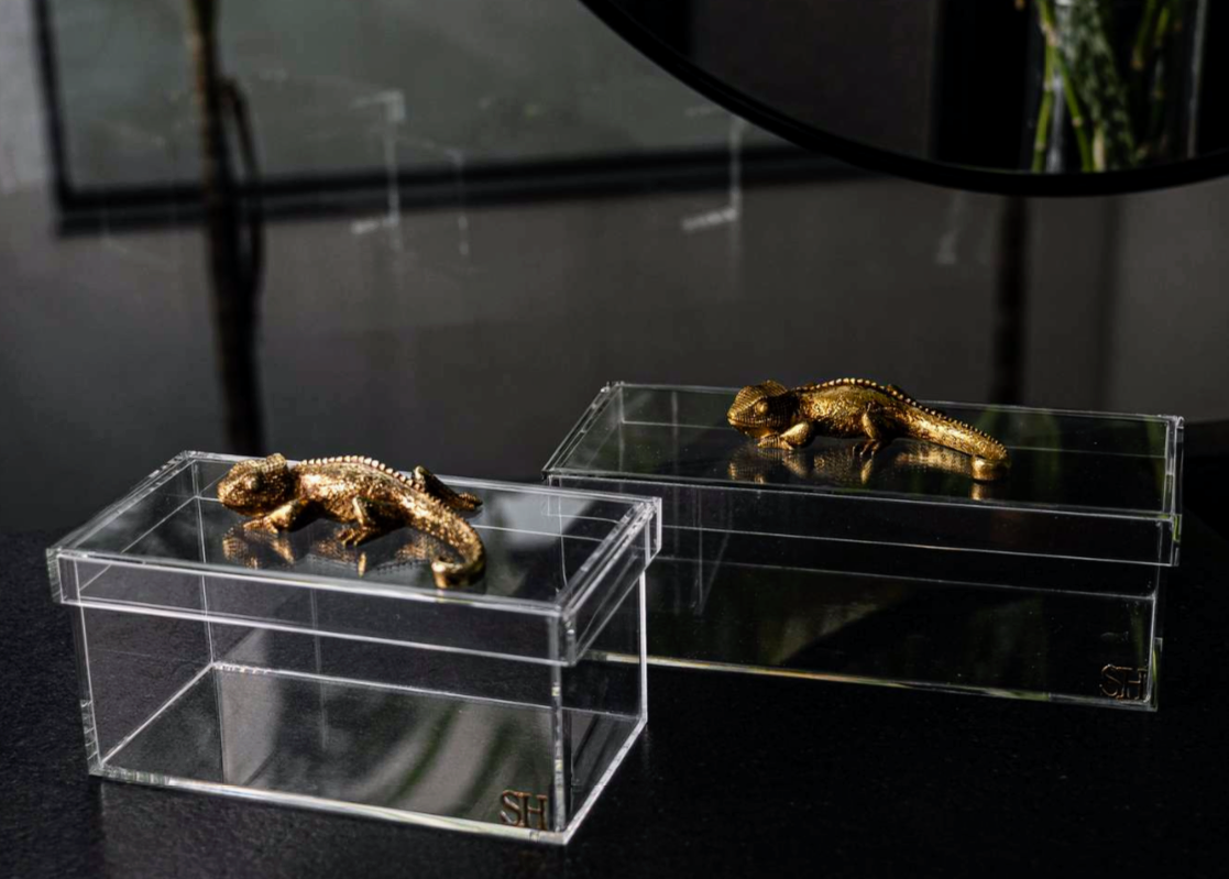 Caixa Acrílica com Escultura de Lagarto Dourado – 20 cm e 27 cm