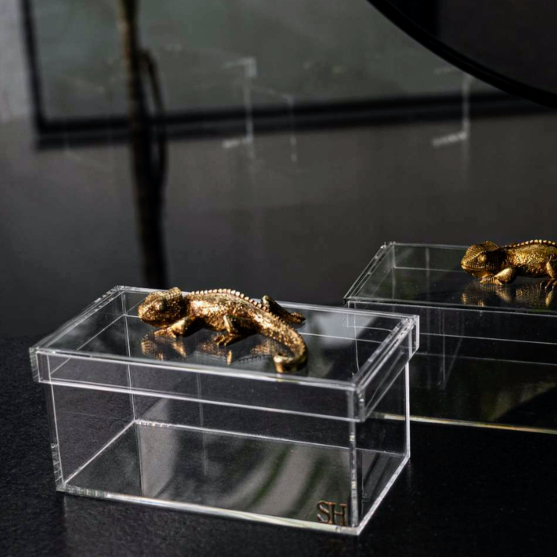 Caixa Acrílica com Escultura de Lagarto Dourado – 20 cm e 27 cm