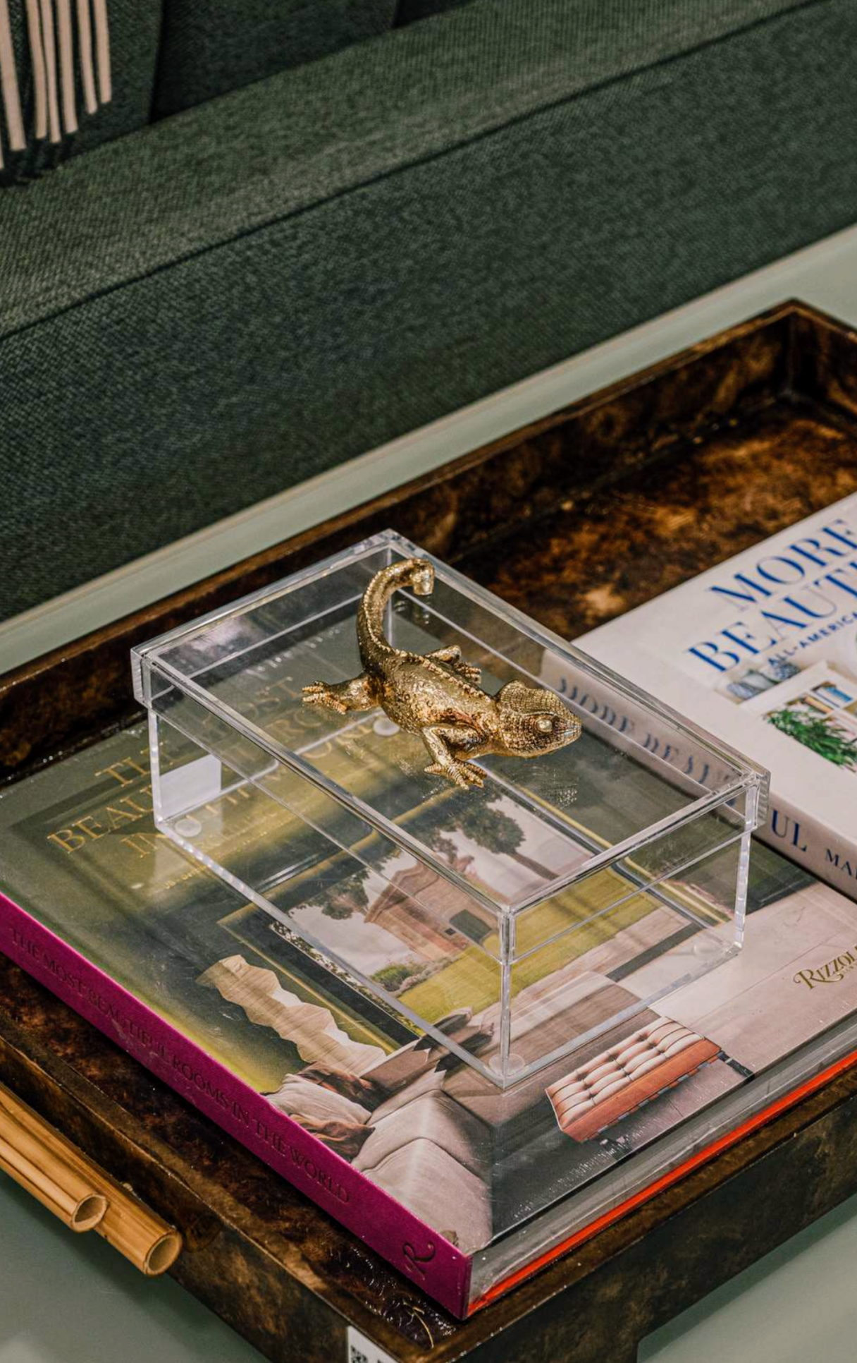 Caixa Acrílica com Escultura de Lagarto Dourado – 20 cm e 27 cm