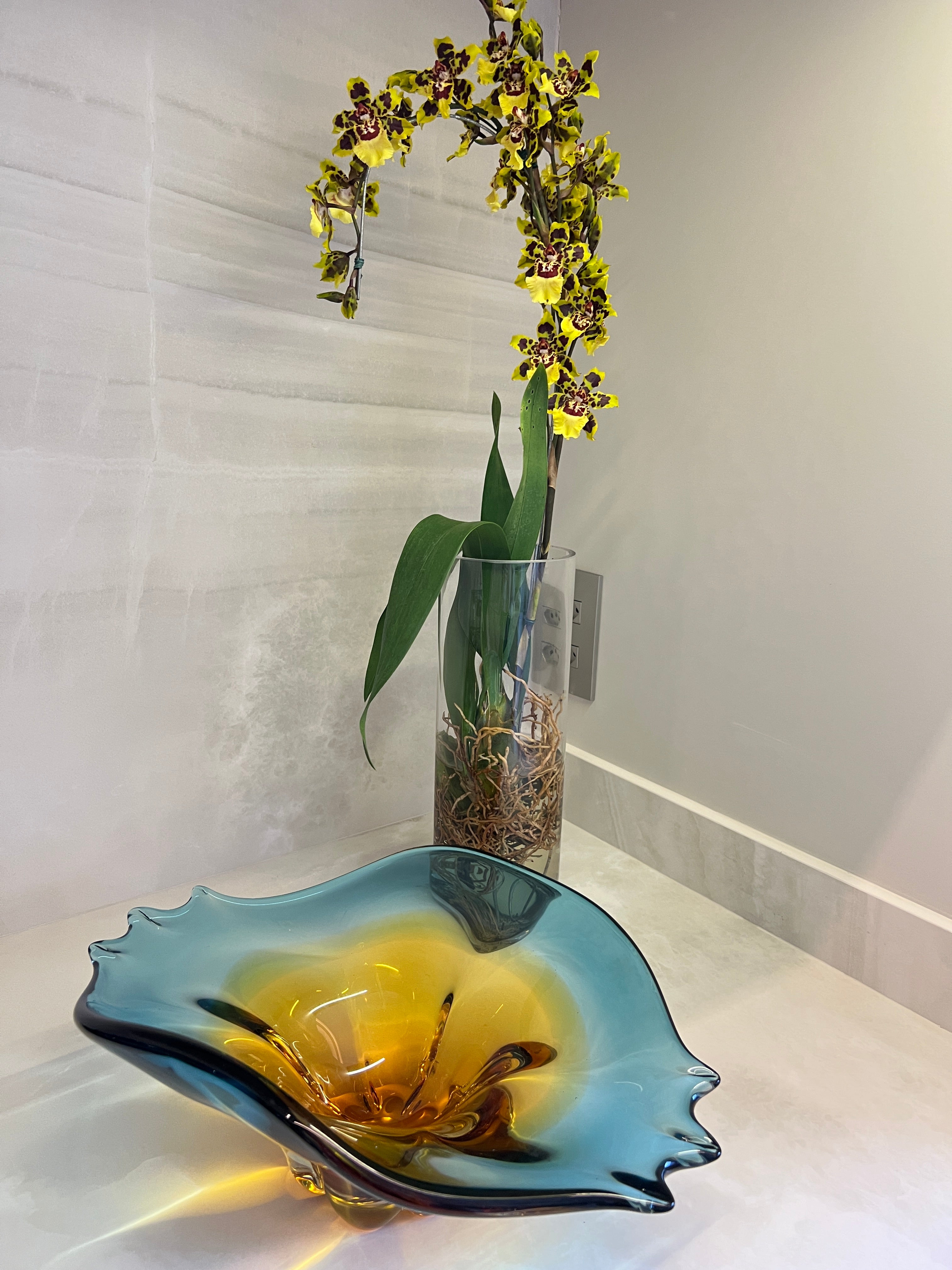 Centro de Mesa Capri Vidro Murano Azul Safira com Âmbar