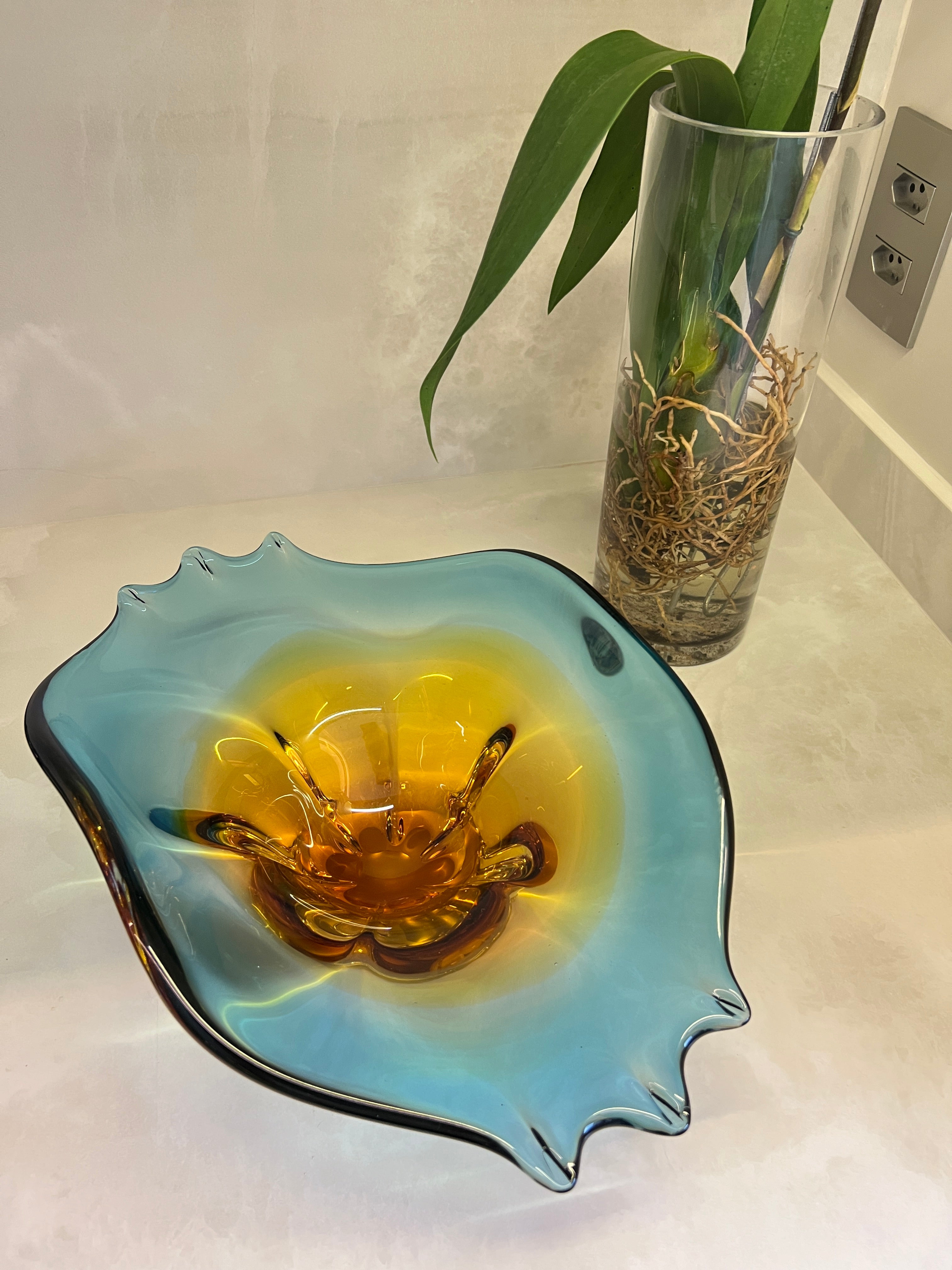 Centro de Mesa Capri Vidro Murano Azul Safira com Âmbar