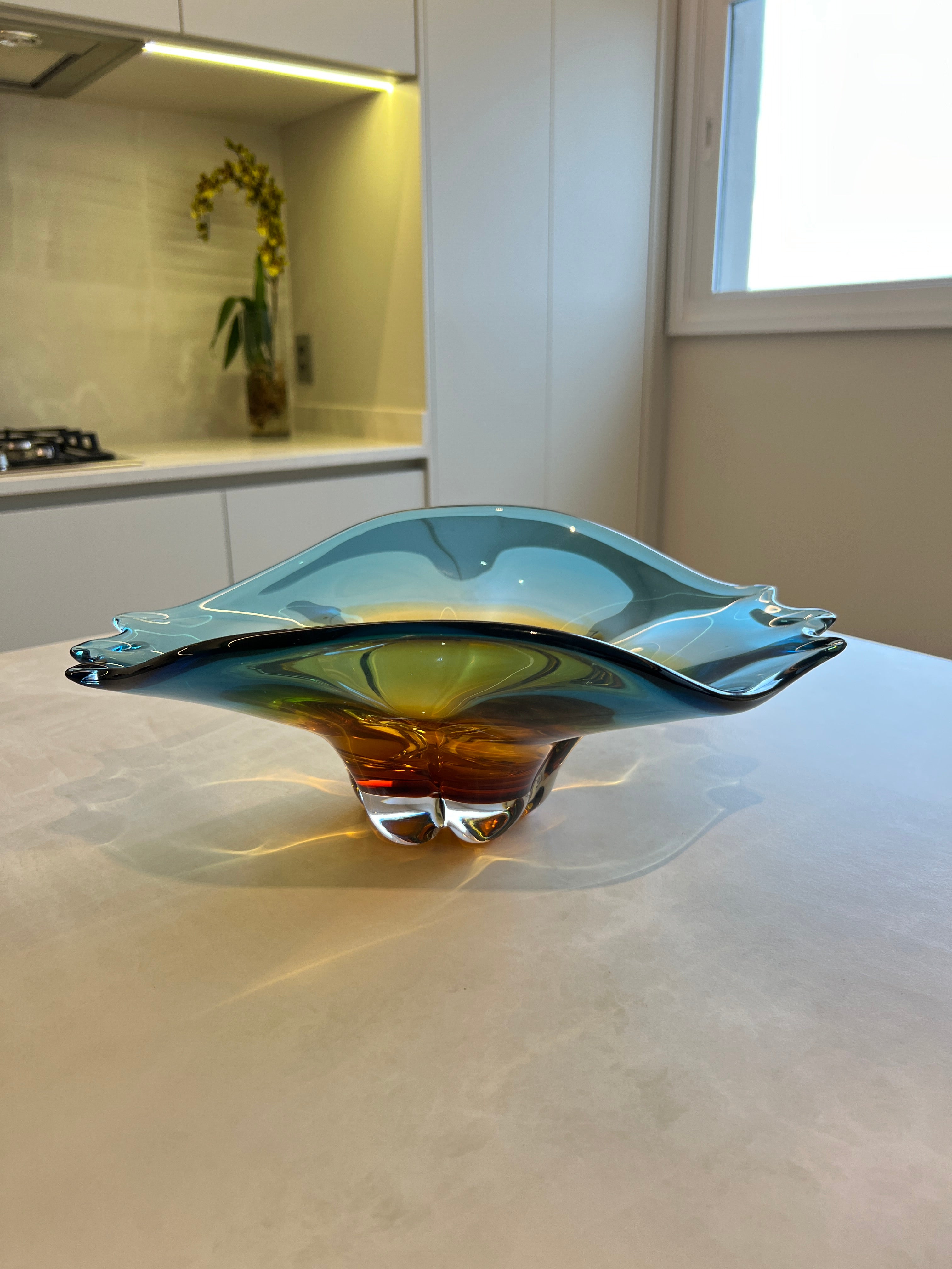 Centro de Mesa Capri Vidro Murano Azul Safira com Âmbar